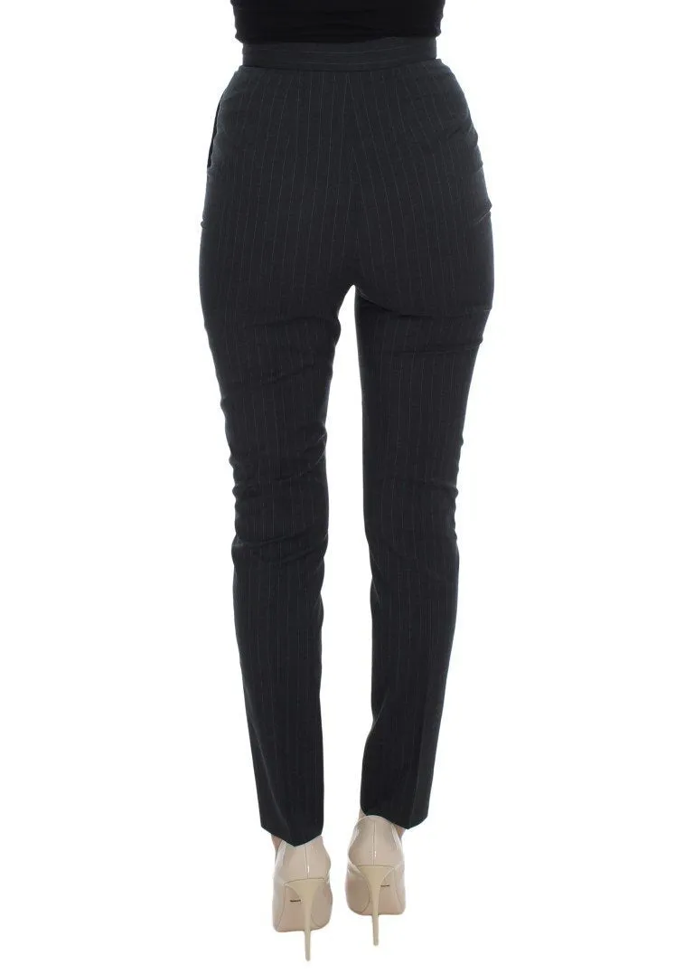 Gray Striped Wool High Waist Slim Pants